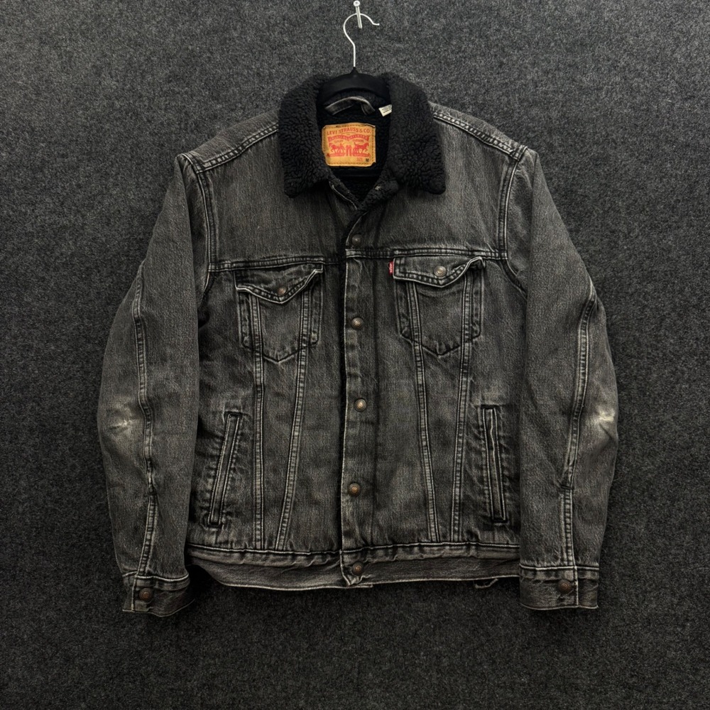 Levi's Sherpa Lined Denim Trucker Jacket Faded Black 2000s Vintage Mens Medium